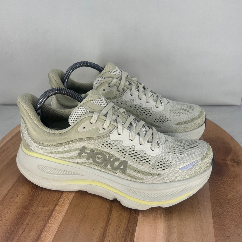 Hoka Bondi 9 Mens Running Shoes Beige Green 1162011 GSSL Size 8.5 D Cushioned